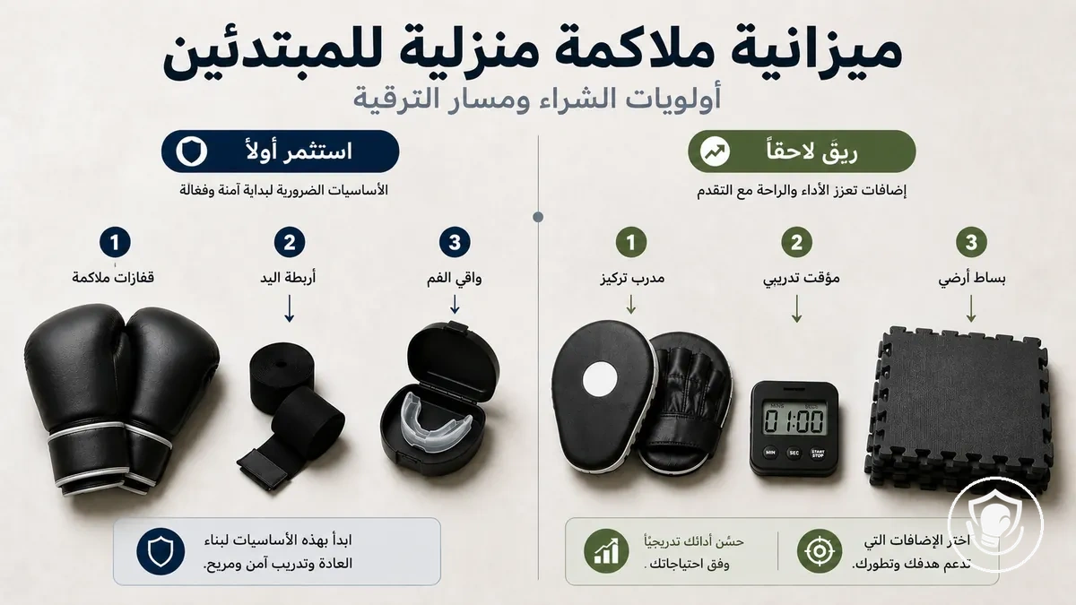 خطة ميزانية لمعدات الملاكمة المنزلية للمبتدئين توضح أولويات الشراء وخيارات الترقية