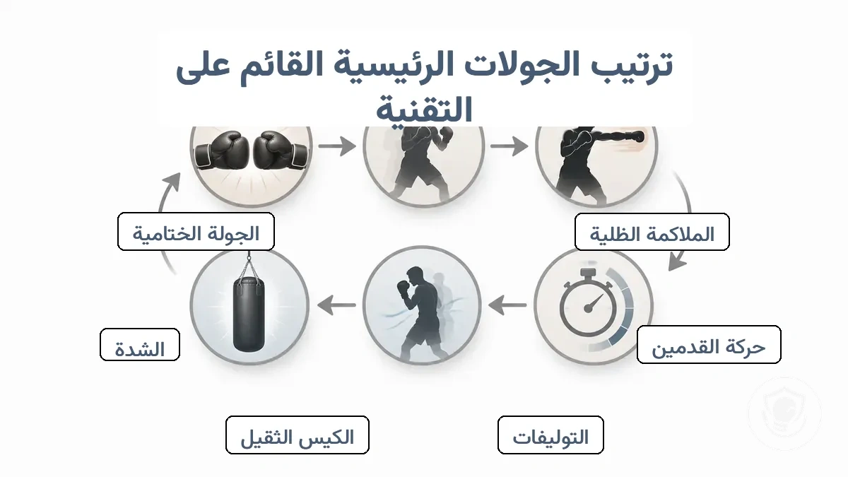 رسم تخطيطي لتدفق الجولات من الإحماء إلى التهدئة مع خيارات بديلة للتجهيزات بدون معدات ومع كيس الملاكمة الثقيل