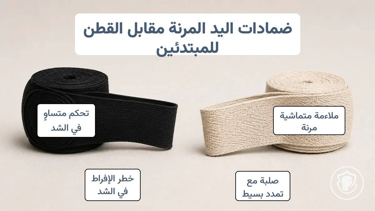 صورة مقربة لنسيج لفافات اليد المرنة والقطنية تظهر الفروق في الملمس والتمدد