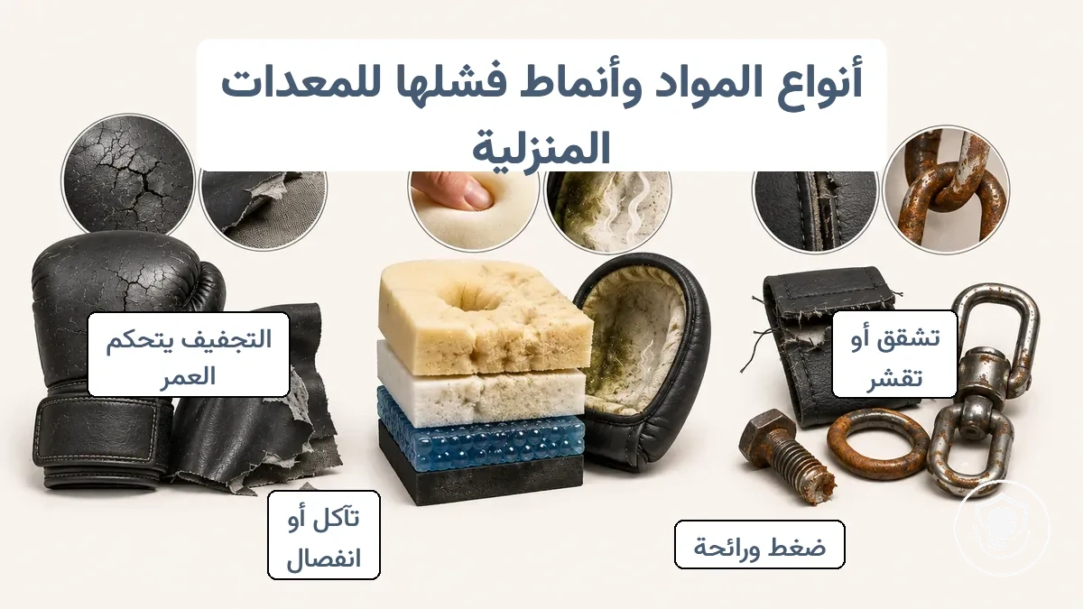 مقارنة بين عائلات المواد في معدات الملاكمة للمبتدئين: السطح الخارجي والتبطين الداخلي والمعدات مع أنماط الفشل النموذجية