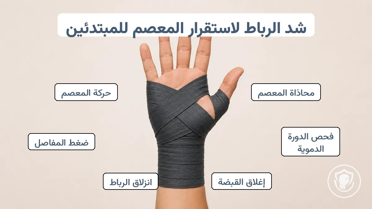رسم تخطيطي لمناطق تغطية اللفافة الصحيحة على المعصم والمفاصل مع تسميات لحالات الشد المفرط والفضفاض