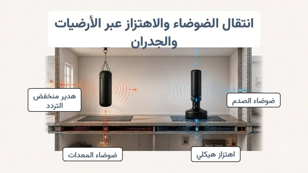 رسم بياني يوضح مسارات انتقال الضوضاء والاهتزاز للكيس المعلق مقابل القائم في بيئة شقة.