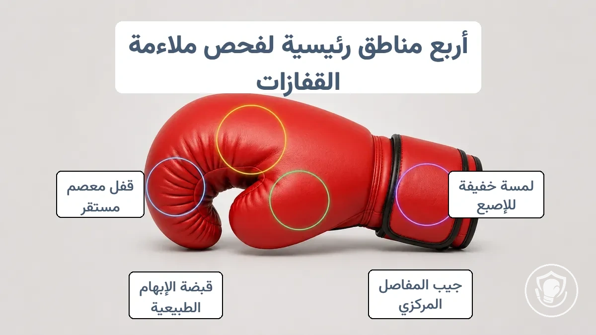 مناطق فحص ملاءمة قفاز الملاكمة موضحة: الأصابع، والمفاصل، وموضع الإبهام، وتثبيت المعصم