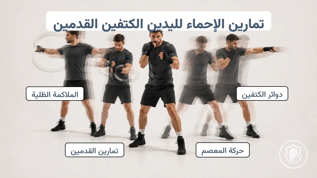 تسلسل كتلة الإحماء: دوائر الكتفين، تحريك المعصمين، تمارين حركة القدمين، وضعية الحراسة، وكمات خفيفة.