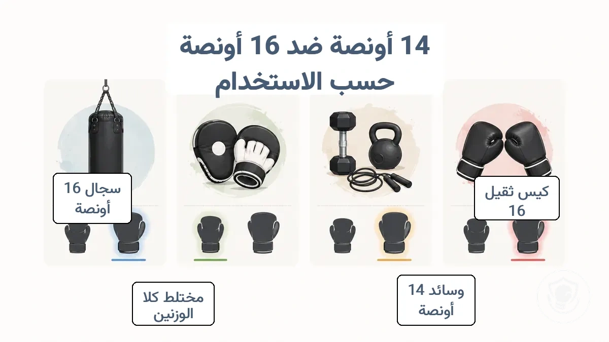مصفوفة قرار توضح كيف تتوافق تمارين الكيس الثقيل والوسائد والجلسات المختلطة والمبارزة مع توجهات قفازات 14 أونصة و16 أونصة