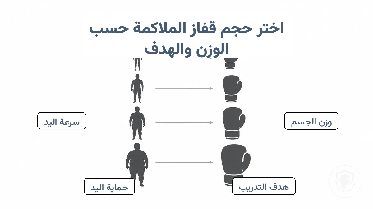 مخطط مقاسات قفازات الملاكمة للمبتدئين يوضح نطاقات الأونصة الابتدائية حسب فئة وزن الجسم وهدف التدريب