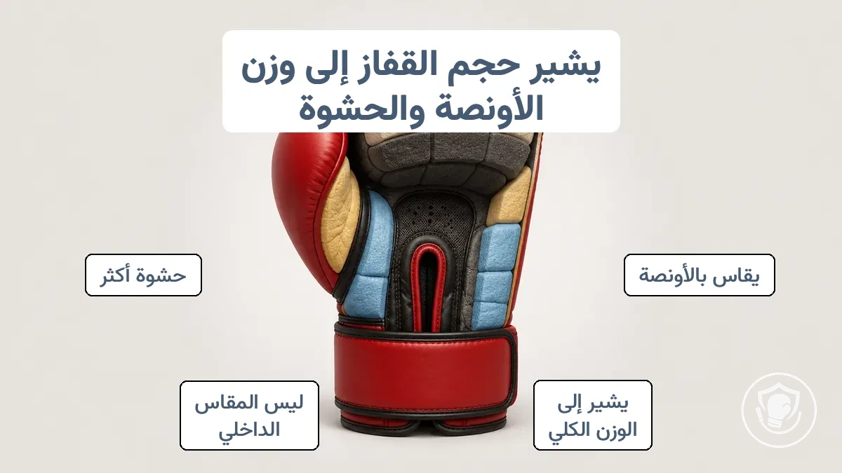 قفاز ملاكمة يوضح قياس الوزن بالأونصة وتوزيع الحشوة الداخلية