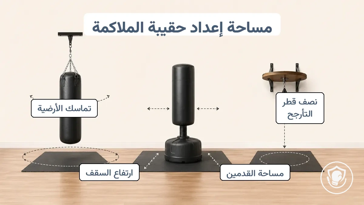 رسم تخطيطي يوضح متطلبات الخلوص لترتيبات كيس الملاكمة المختلفة في المنزل