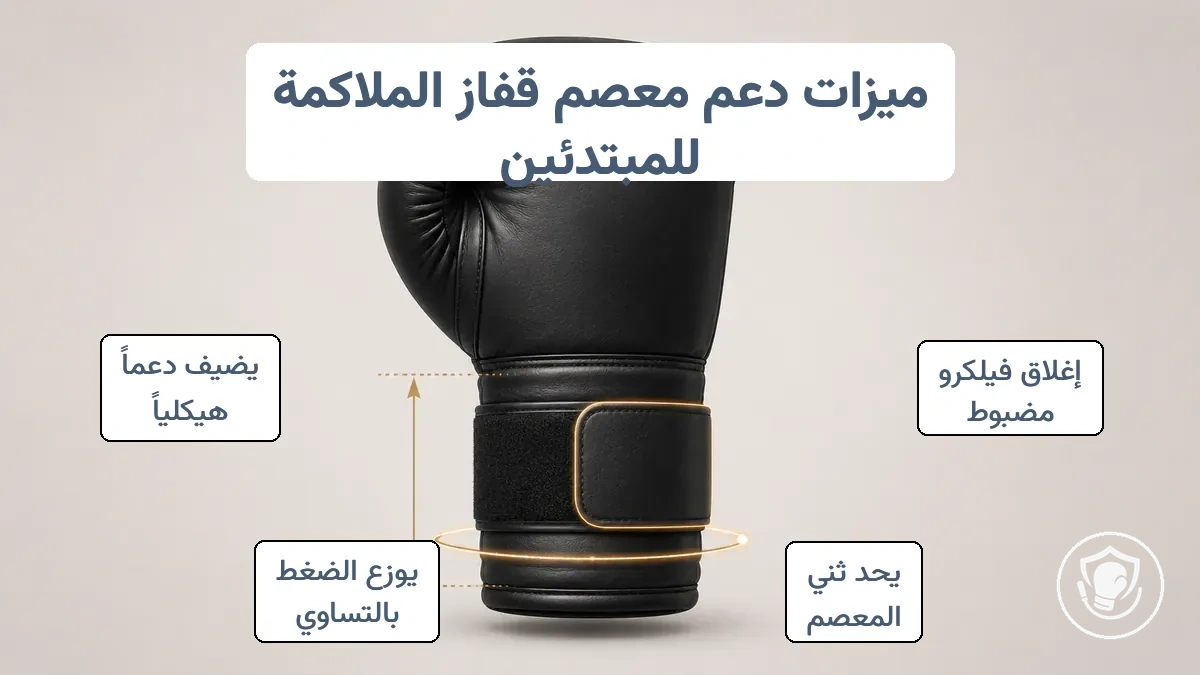 رسم تخطيطي لقفاز الملاكمة يوضح شريط الخطاف والعروة وارتفاع السوار وخط المعصم للثبات