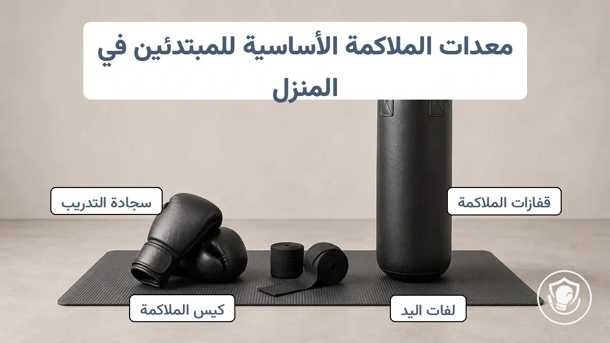قفازات الملاكمة، ولفائف اليد، وكيس اللكم مرتبة على بساط تدريب - معدات الملاكمة المنزلية الأساسية للمبتدئين