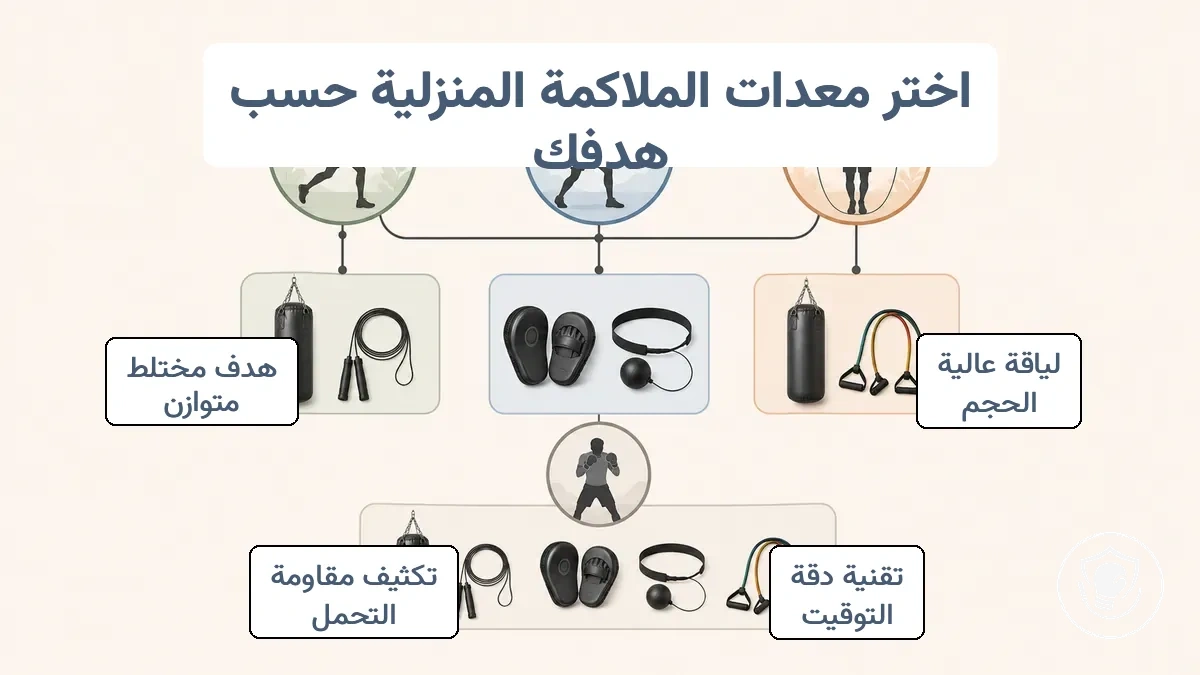 رسم بياني لقرارات المعدات حسب الهدف للملاكمة المنزلية للمبتدئين: اللياقة البدنية، التقنية، التكييف البدني مرتبطة بفئات المعدات