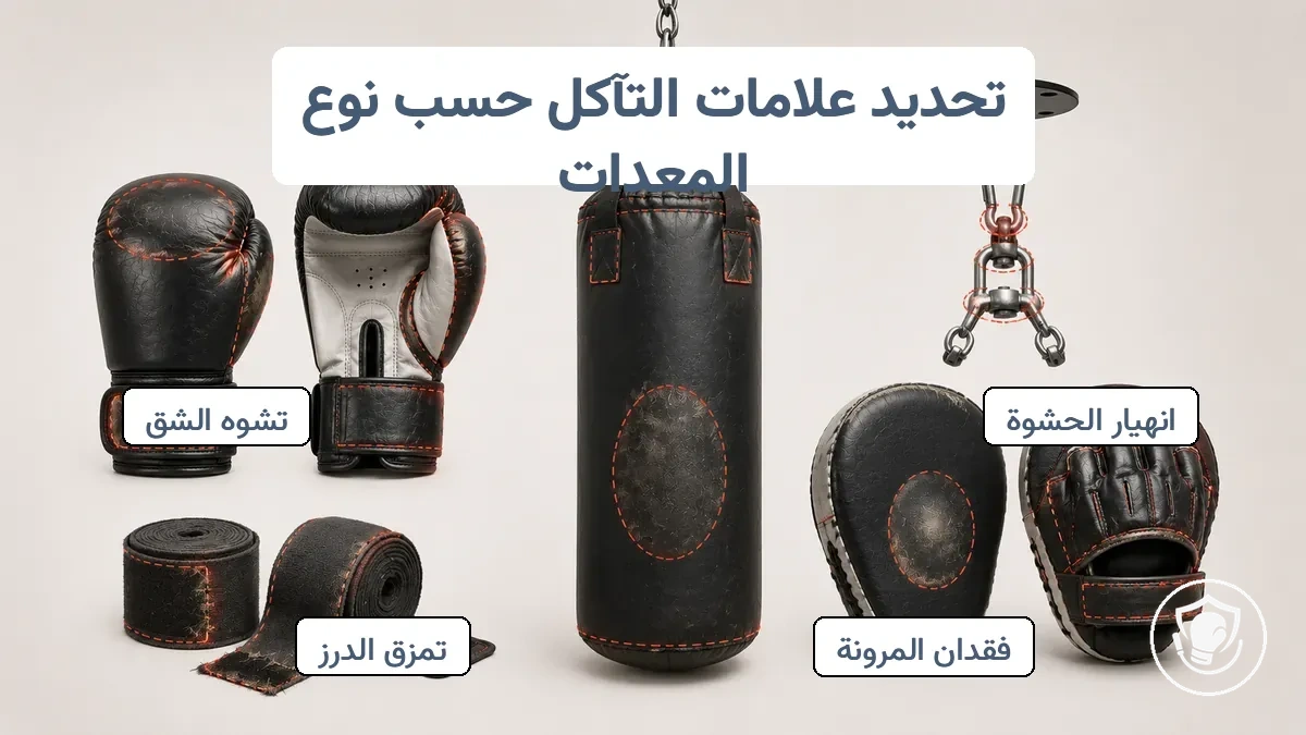 أنواع معدات الملاكمة مع مواقع التآكل الموسومة على القفازات وأربطة اليد وكيس الملاكمة الثقيل وأجهزة التعليق وقفازات التدريب