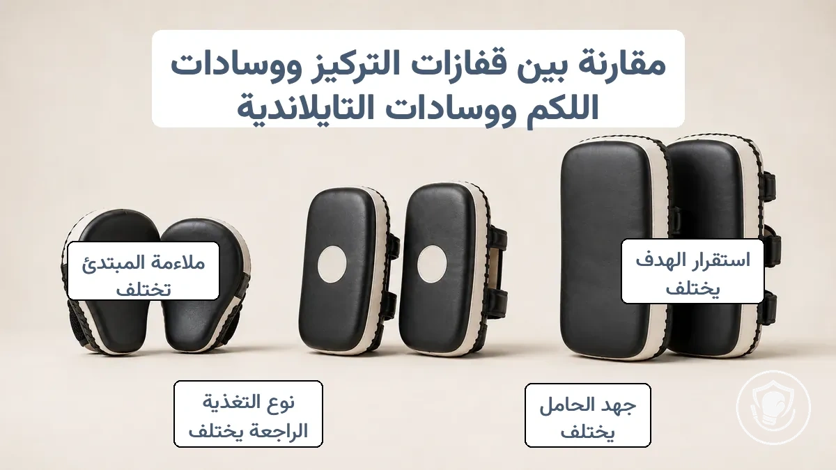 مقارنة بين قفازات التركيز ووسائد اللكم والوسائد التايلاندية لتدريب الملاكمة المنزلي، مع إبراز الاختلافات في الحجم والحشو.