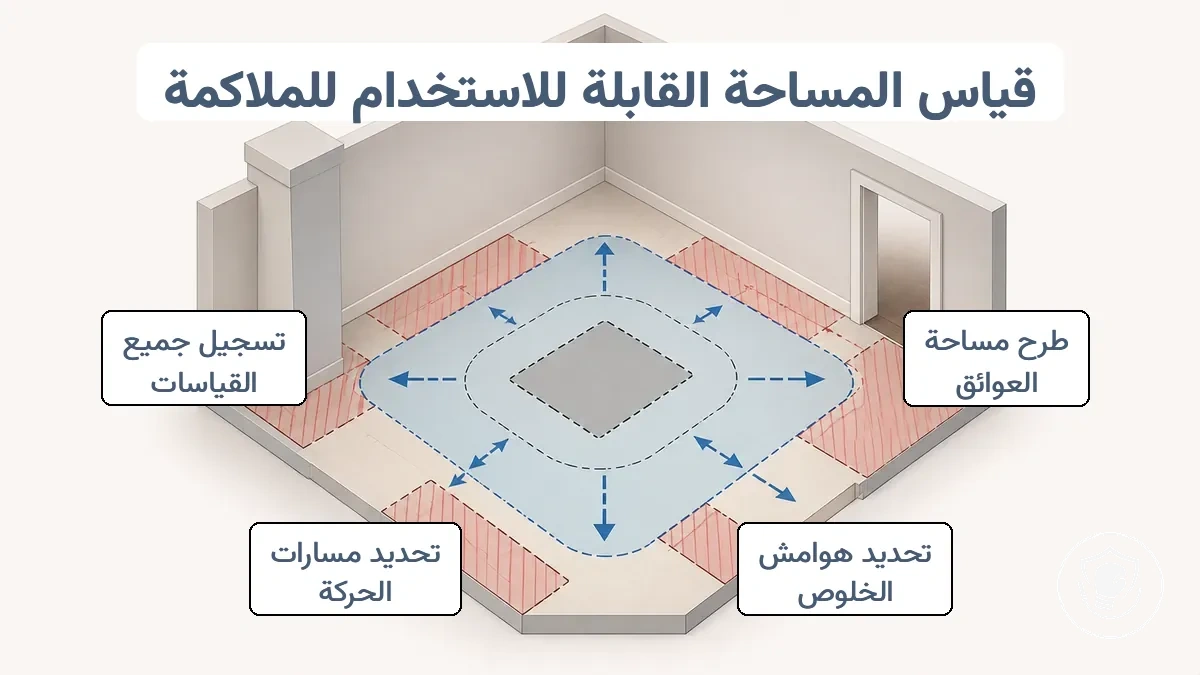 رسم تخطيطي للمساحة الأرضية القابلة للاستخدام وهامش الحركة وممرات الحركة لتجهيز الملاكمة المنزلية في المساحات الصغيرة