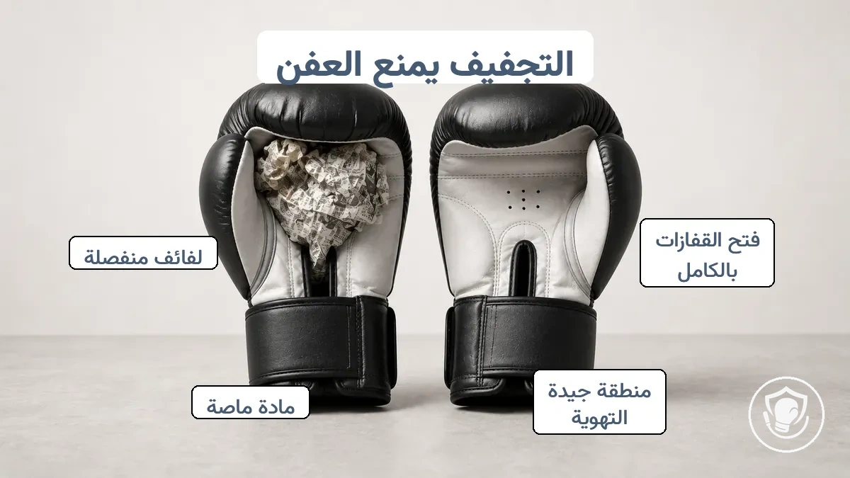 رسم تخطيطي يوضح قفازات الملاكمة موضوعة بشكل مفتوح لتدفق الهواء لتجفيف الجزء الداخلي بعد التمرين.