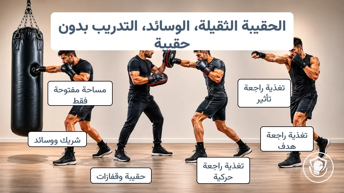 مخطط يقارن بين تدريب كيس اللكم والعمل بالوسائد والتدريب بدون كيس من حيث التغذية الراجعة والمتطلبات