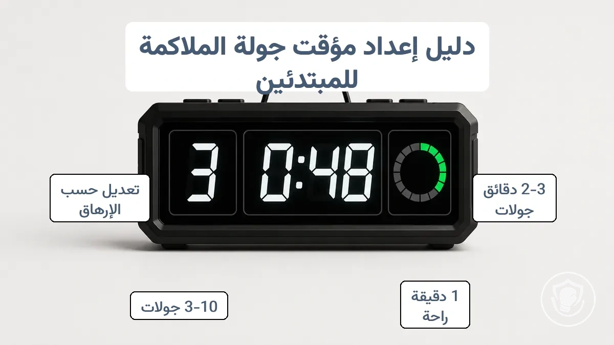 إعداد مؤقت جولة الملاكمة يظهر رقم الجولة ووقت العد التنازلي ومؤشر الراحة للتدريب المبتدئ