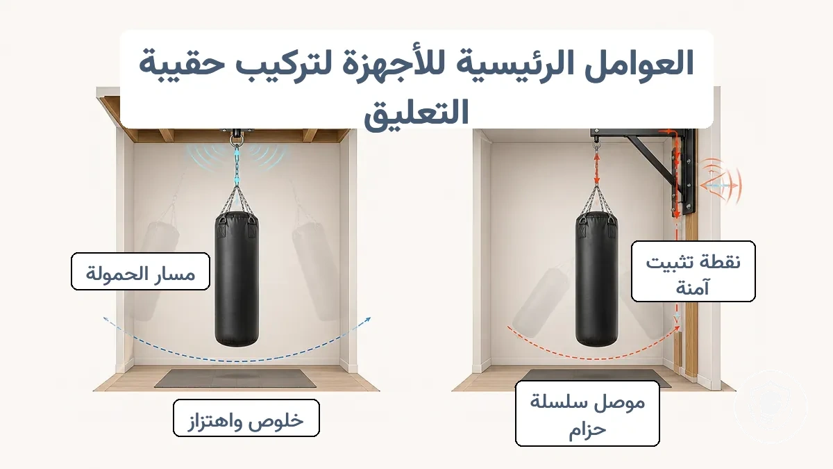 رسم بياني يوضح مسار الحمل من كيس الملاكمة المعلق عبر الموصل إلى حامل السقف أو الجدار ولماذا يهم الخلوص والاهتزاز.