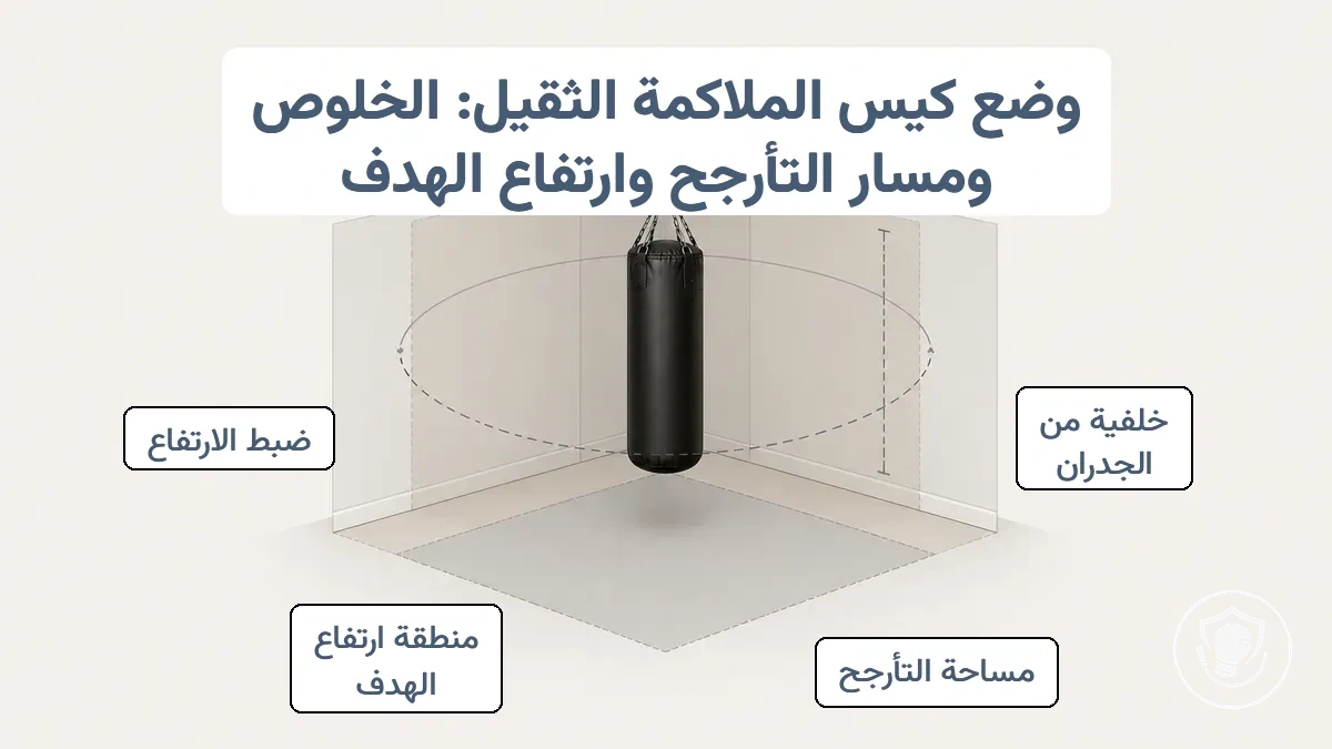 مخطط تخطيط الغرفة يوضح قوس التأرجح، والخلوص من الجدار، وخط ارتفاع الهدف لمنطقة تدريب حقيبة الملاكمة الثقيلة
