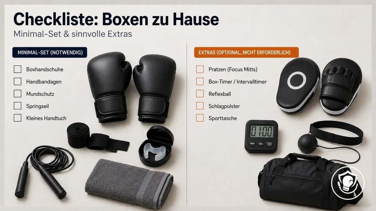Checkliste mit zentraler Boxausrüstung für Anfänger zu Hause und optionalen Ergänzungen