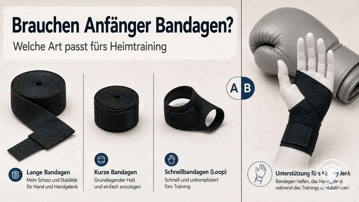 Verschiedene Bandagenarten für Anfänger, mit Fokus auf Handgelenkstütze beim Heimtraining