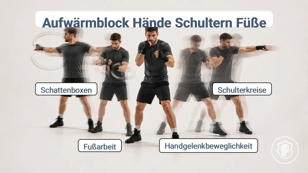 Aufwärmblock-Abfolge: Schulterkreisen, Handgelenkbeweglichkeit, Beinarbeitsübungen, Deckungshaltung und leichtes Schlagen.