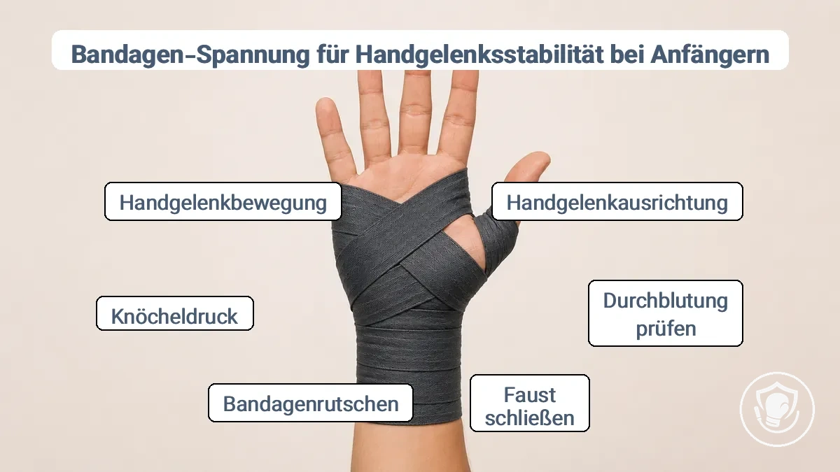 Diagramm der korrekten Bandagenabdeckungsbereiche am Handgelenk und an den Knöcheln mit Hinweisen zu zu festen und zu lockeren Zuständen