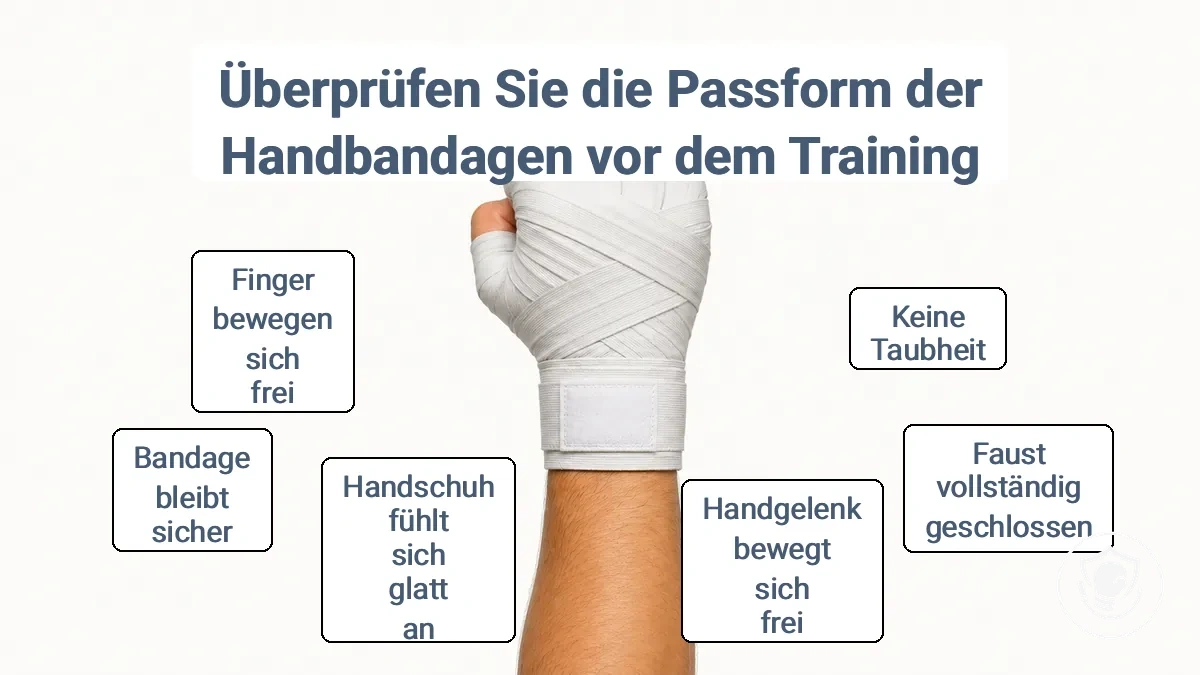 Bekleidete Hand mit geschlossener Faust, geradem Handgelenk und flachen Bandagenenden, die korrekte Passform zeigend