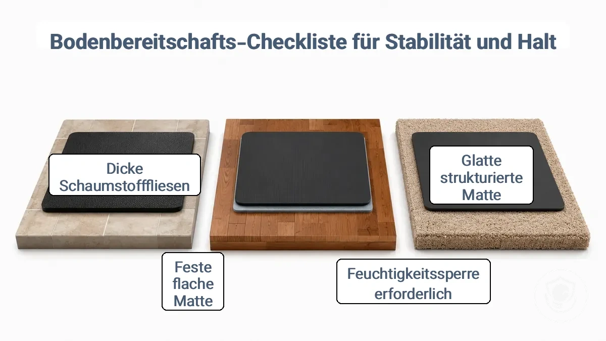 Vergleich von Fliesen-, Holz- und Teppichböden mit einer Gymnastikmattenauflage, die Unterschiede bei Halt und Schutz zeigt