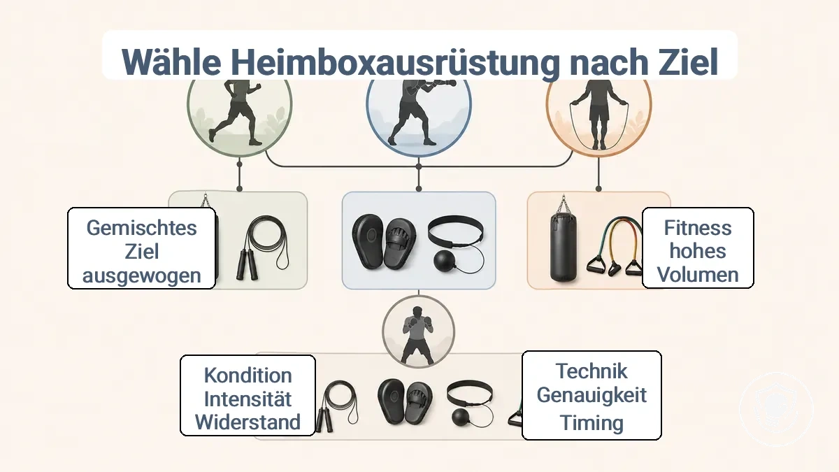 Zielbasiertes Entscheidungsdiagramm für Boxausrüstung für Anfänger zu Hause: Fitness, Technik und Kondition den Ausrüstungskategorien zugeordnet