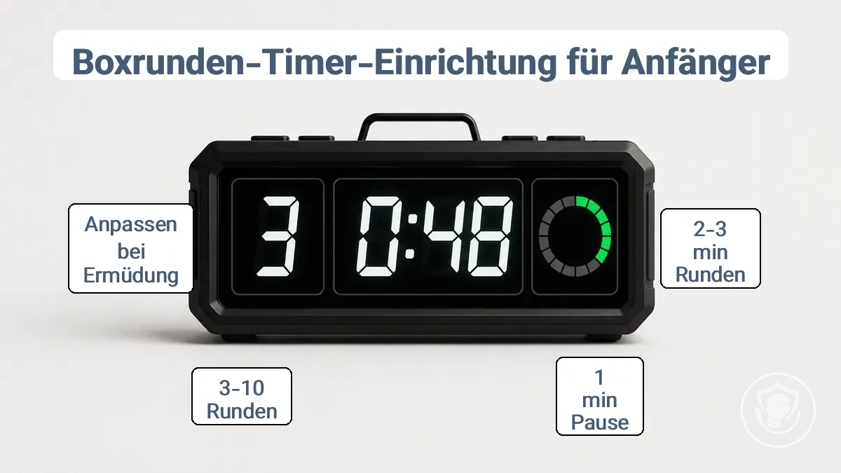 Boxrunden-Timer-Einrichtung mit Rundenanzahl, Countdown-Zeit und Pausenindikator für Anfängertraining