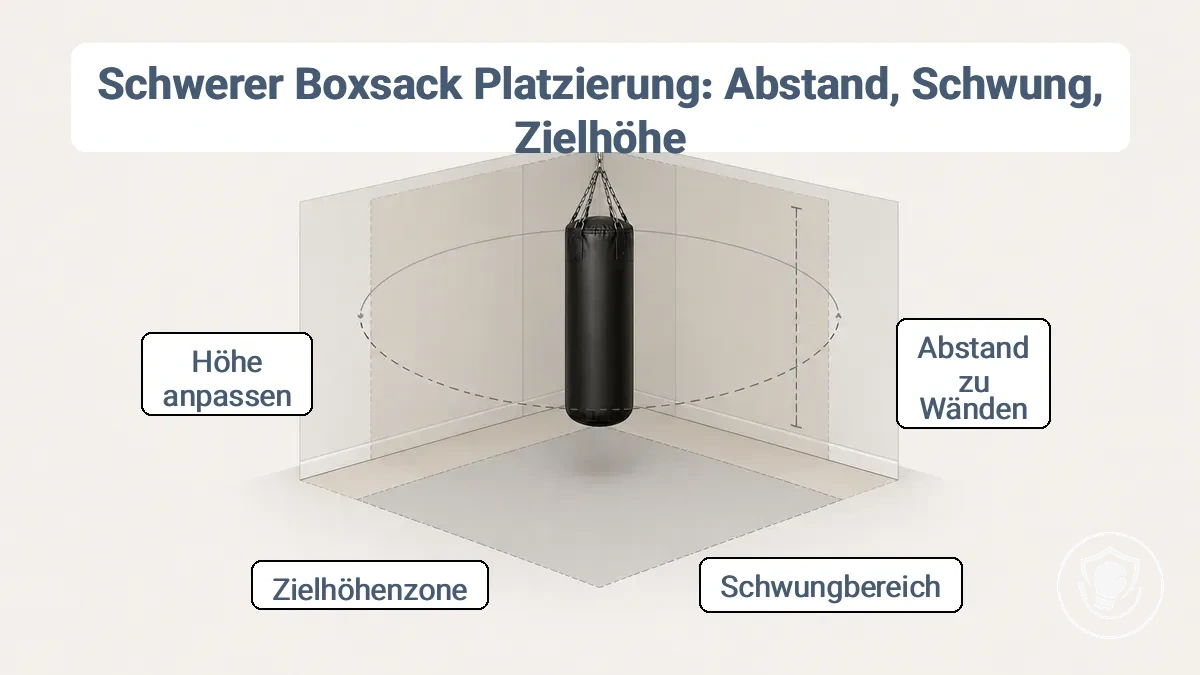 Raumlayout-Diagramm mit Schwungbahn, Wandabstand und Zielhöhenlinie für einen Trainingsbereich mit schwerem Boxsack