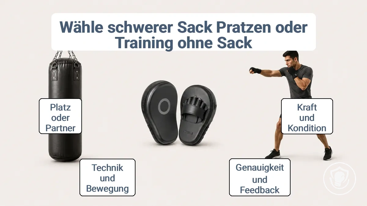 Boxsack, Pratzen und Training ohne Sack nebeneinander dargestellt