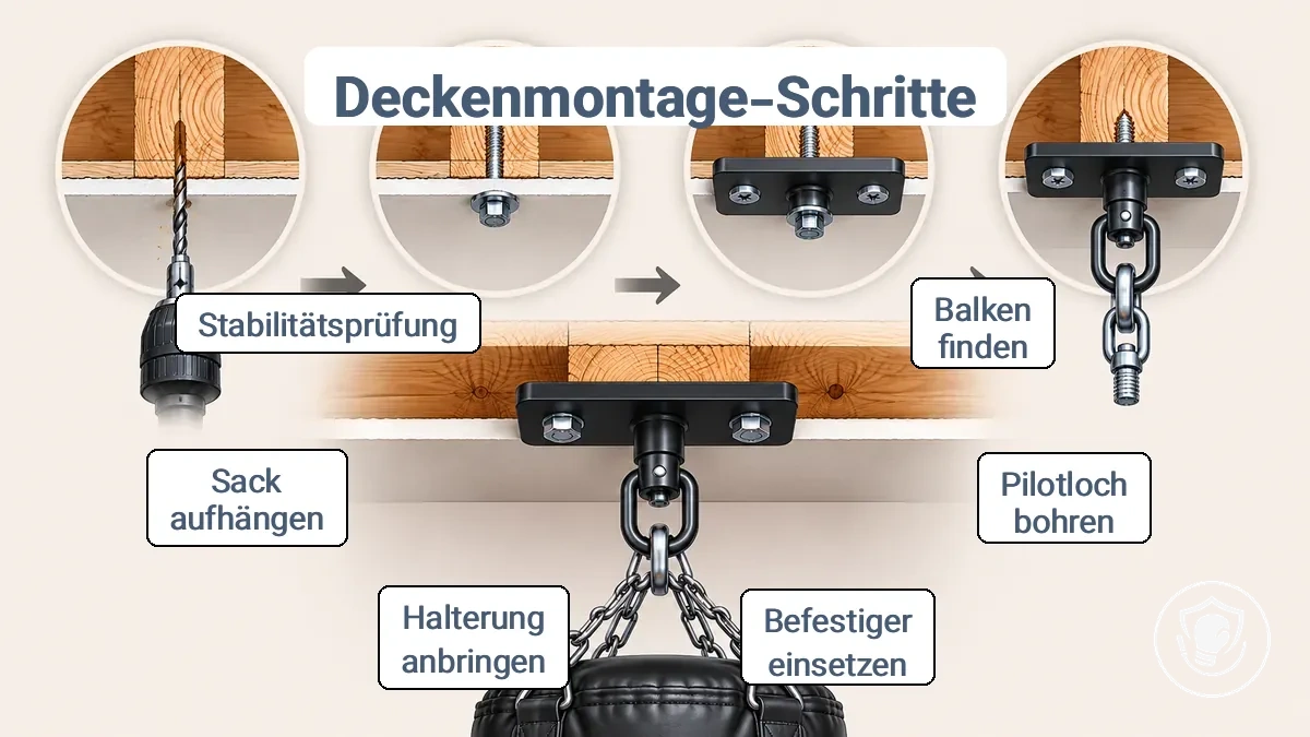 Diagramm, das die Schritte der Deckenmontage zeigt: Balken markieren, Pilotloch bohren, Platte befestigen, Kette und Drehgelenk für den Boxsack anbringen.