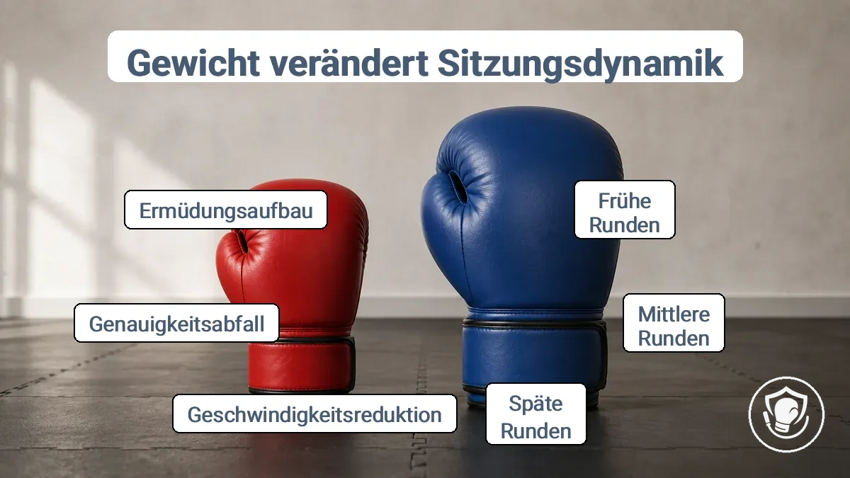 Boxhandschuhe unterschiedlicher Gewichte, die zeigen, wie zusätzliches Gewicht Geschwindigkeit und Ermüdung im Verlauf von Runden beeinflusst