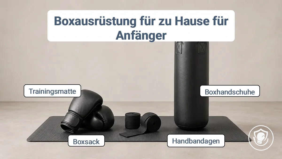 Boxhandschuhe, Handbandagen und ein Boxsack auf einer Trainingsmatte angeordnet – grundlegende Boxausrüstung für Anfänger zu Hause