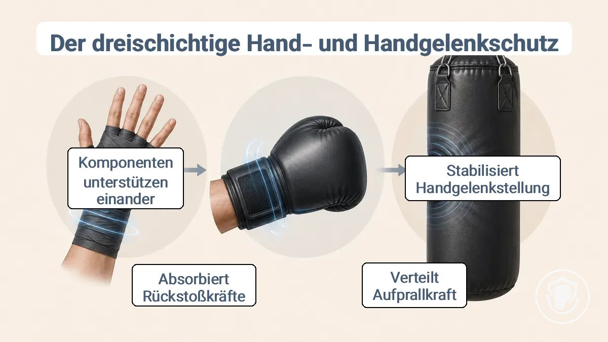 Beschriftetes Diagramm des dreischichtigen Schutzaufbaus mit Bandagen im Handschuh, Handschuhverschluss und -manschette sowie Aufprallfläche