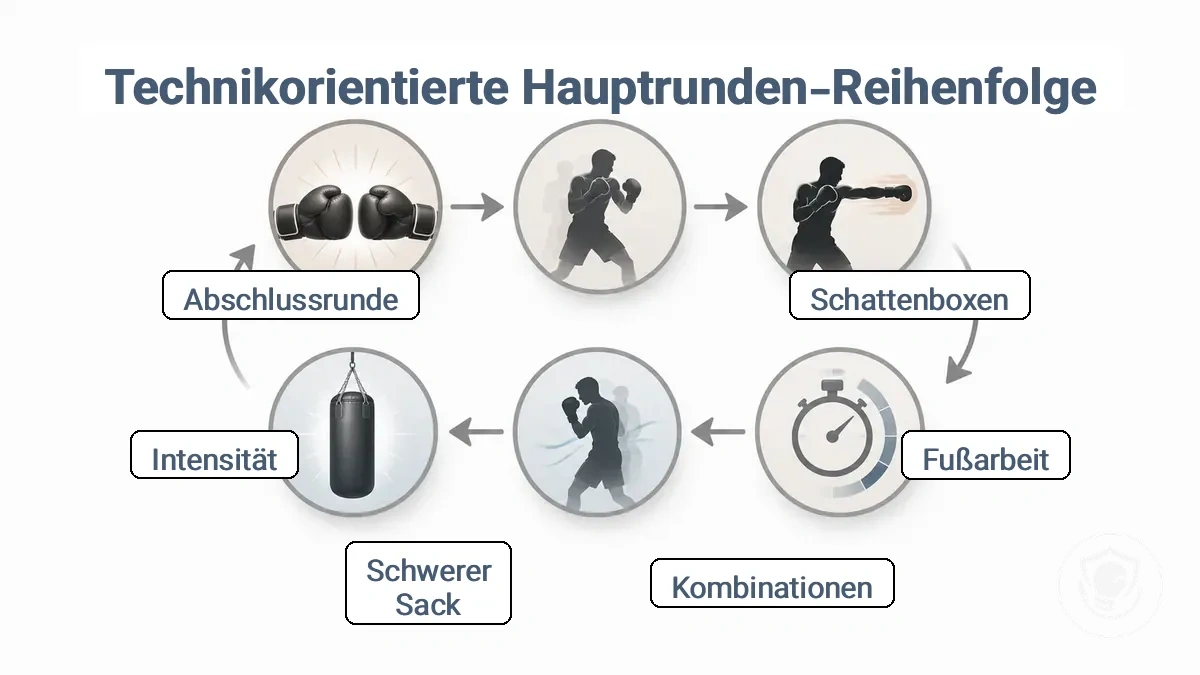Rundendurchlauf-Diagramm vom Aufwärmen bis zum Cool-Down mit Ersatzoptionen für Aufbauten ohne Ausrüstung und mit Schwerboxsack