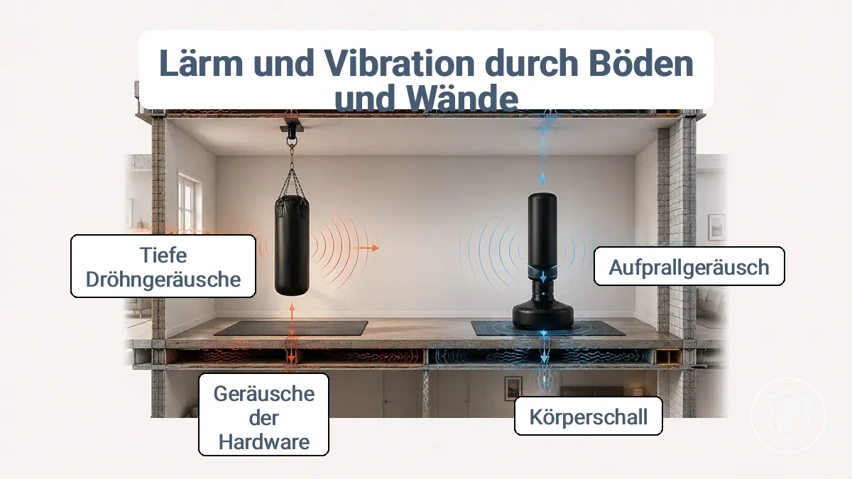 Diagramm, das die Übertragungswege von Lärm und Vibration für Hänge- und Standboxsäcke in einer Wohnungsumgebung zeigt.