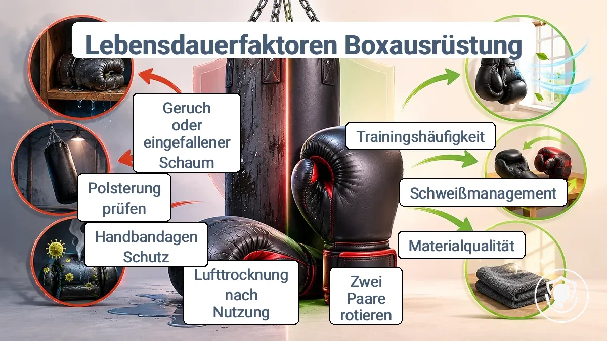 Infografik zur Lebensdauerspanne von Boxausrüstung für Anfänger, die Faktoren zeigt, die die Haltbarkeit verkürzen oder verlängern