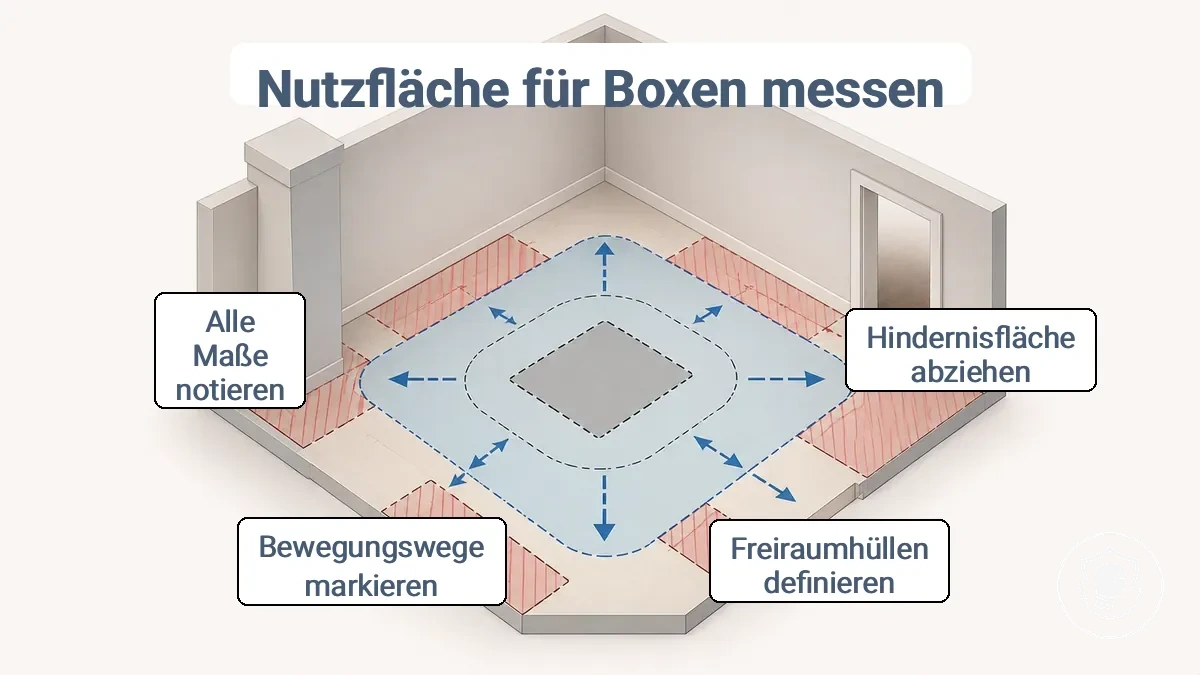 Diagramm der nutzbaren Stellfläche, des Abstandsbereichs und der Bewegungsbahnen für ein Box-Setup für kleine Räume zu Hause
