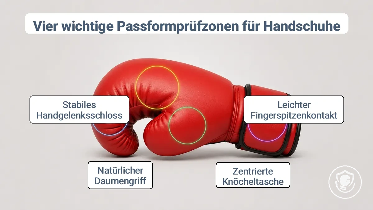 Kommentierte Boxhandschuh-Passform-Check-Zonen: Finger, Knöchel, Daumenposition und Handgelenksfixierung.