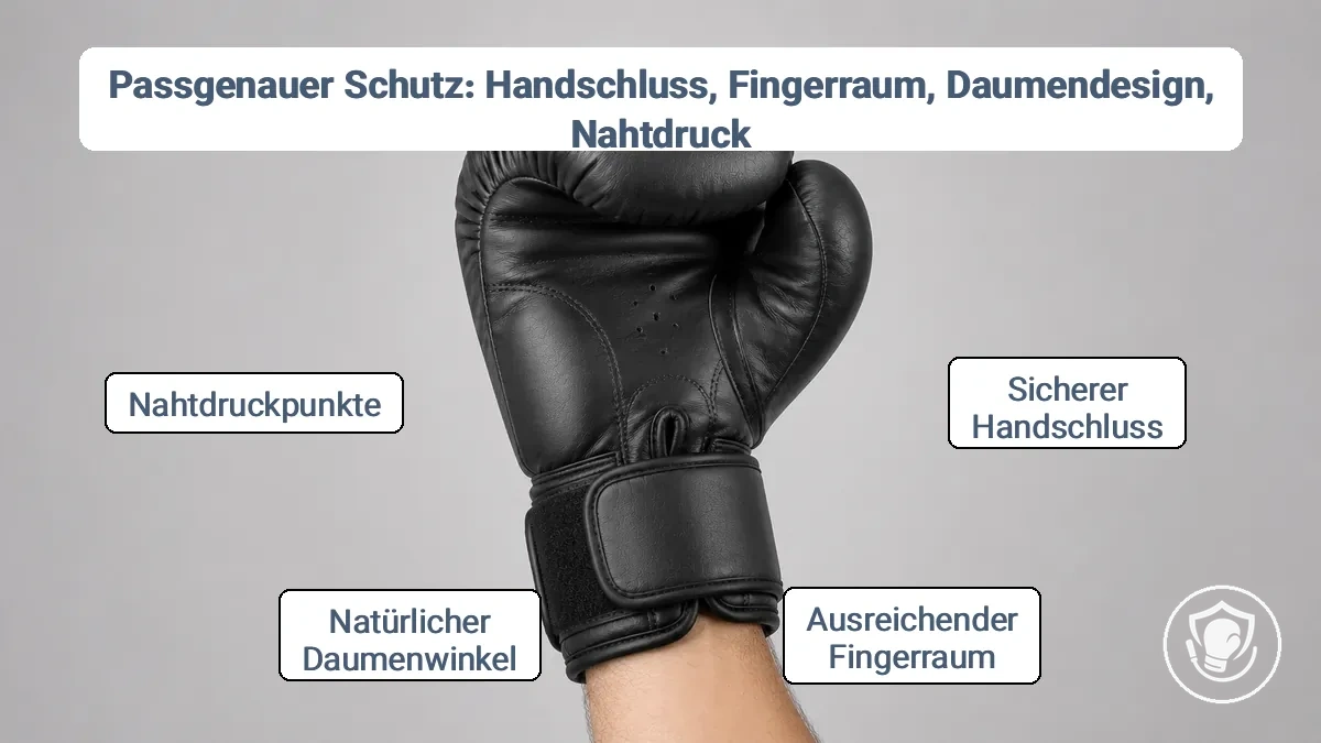 Passformprüfung von Handfixierung und Daumenausrichtung in Boxhandschuhen.