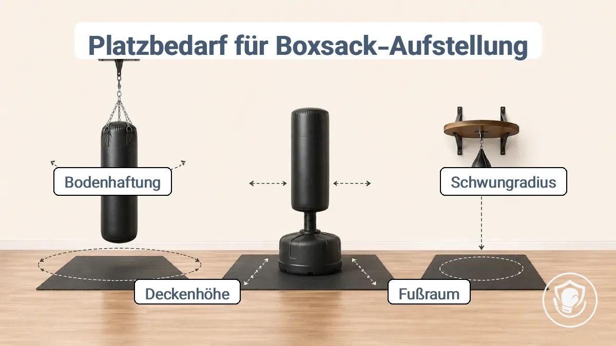 Diagramm, das die Platzanforderungen für verschiedene Boxsack-Aufbauten zu Hause zeigt