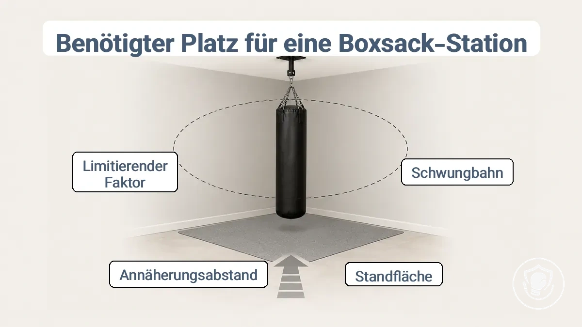 Diagramm mit Maßen für den Platzbedarf einer Boxsackstation, einschließlich Standfläche, Schwenkradius und Annäherungsabstand