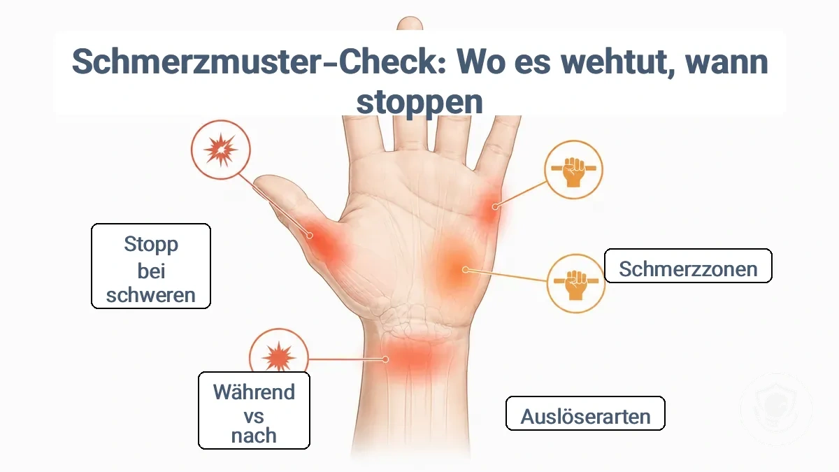 Annotiertes Hand- und Handgelenkdiagramm mit Schmerzzonen und häufigen Auslöserarten