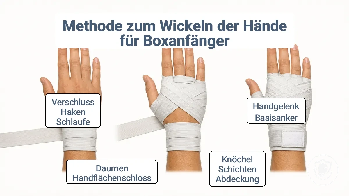 Diagramm mit den fünf Wickelschritten: Handgelenksbasis, Knöchellagen, Fingerdurchgänge, Daumen-/Handflächensicherung und Verschluss.