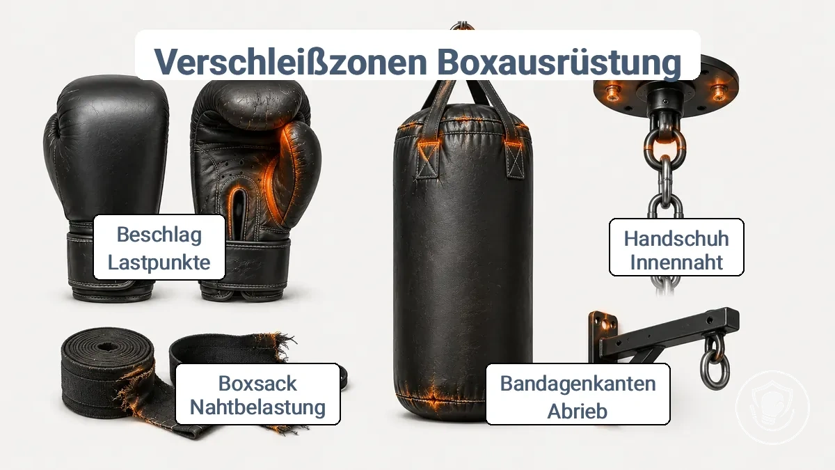 Beschriftetes Diagramm der häufigsten Verschleißzonen an Boxhandschuhen, Handbandagen, Boxsack und Aufhängevorrichtung für Anfänger