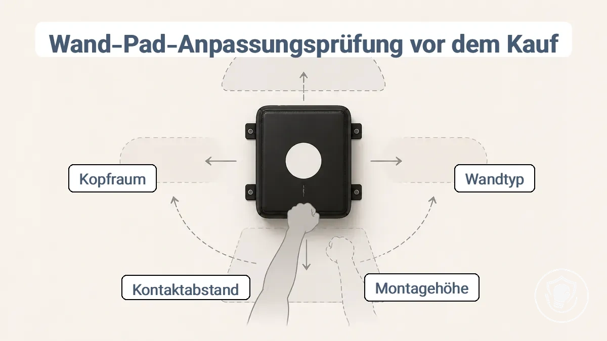 Beschriftetes Beispiel für die Höhe eines wandmontierten Schlagpolsters und die sichere Kontaktzone in einem kleinen Box-Setup zu Hause.