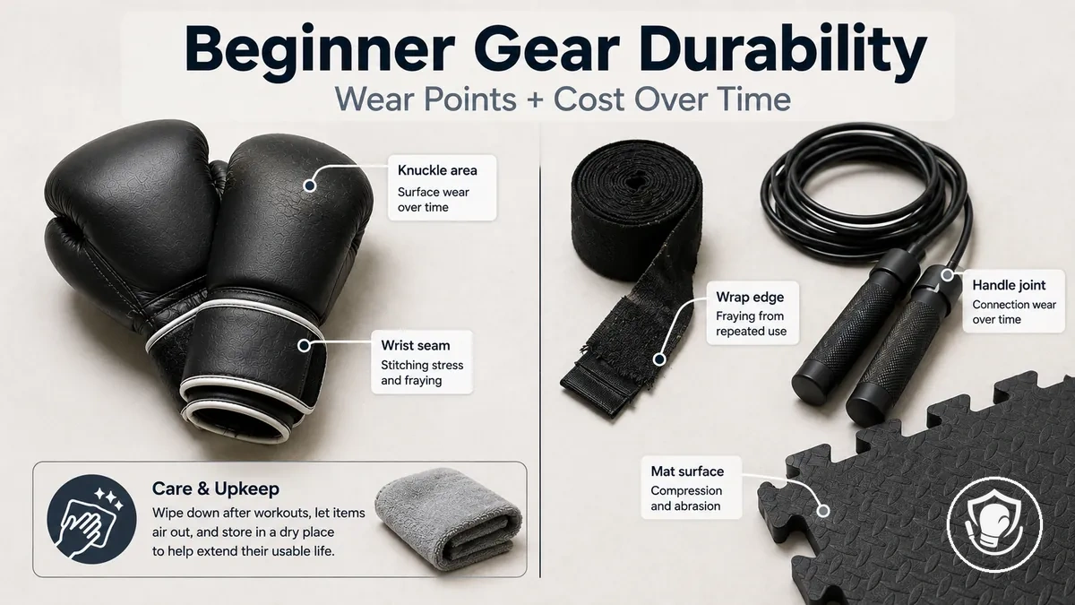 Durability-focused view of beginner home boxing equipment wear points and upkeep